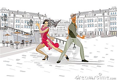 Beautiful romantic couple in passionate Latin American dances. Vector Illustration